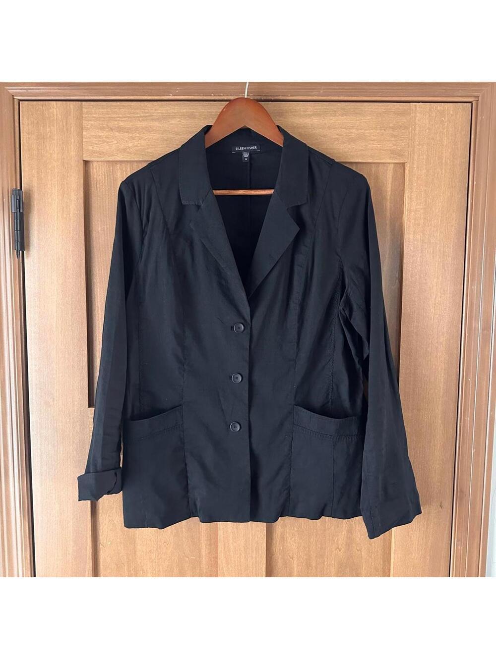Eileen Fisher Black Linen Blend Blazer Jacket Lightweight Women’s size 12 Large